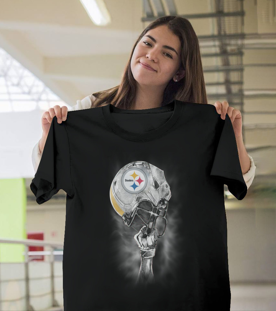 Pittsburgh Steelers Metallic Football Helmet With Steelworker’s Arm Raised High T-Shirt