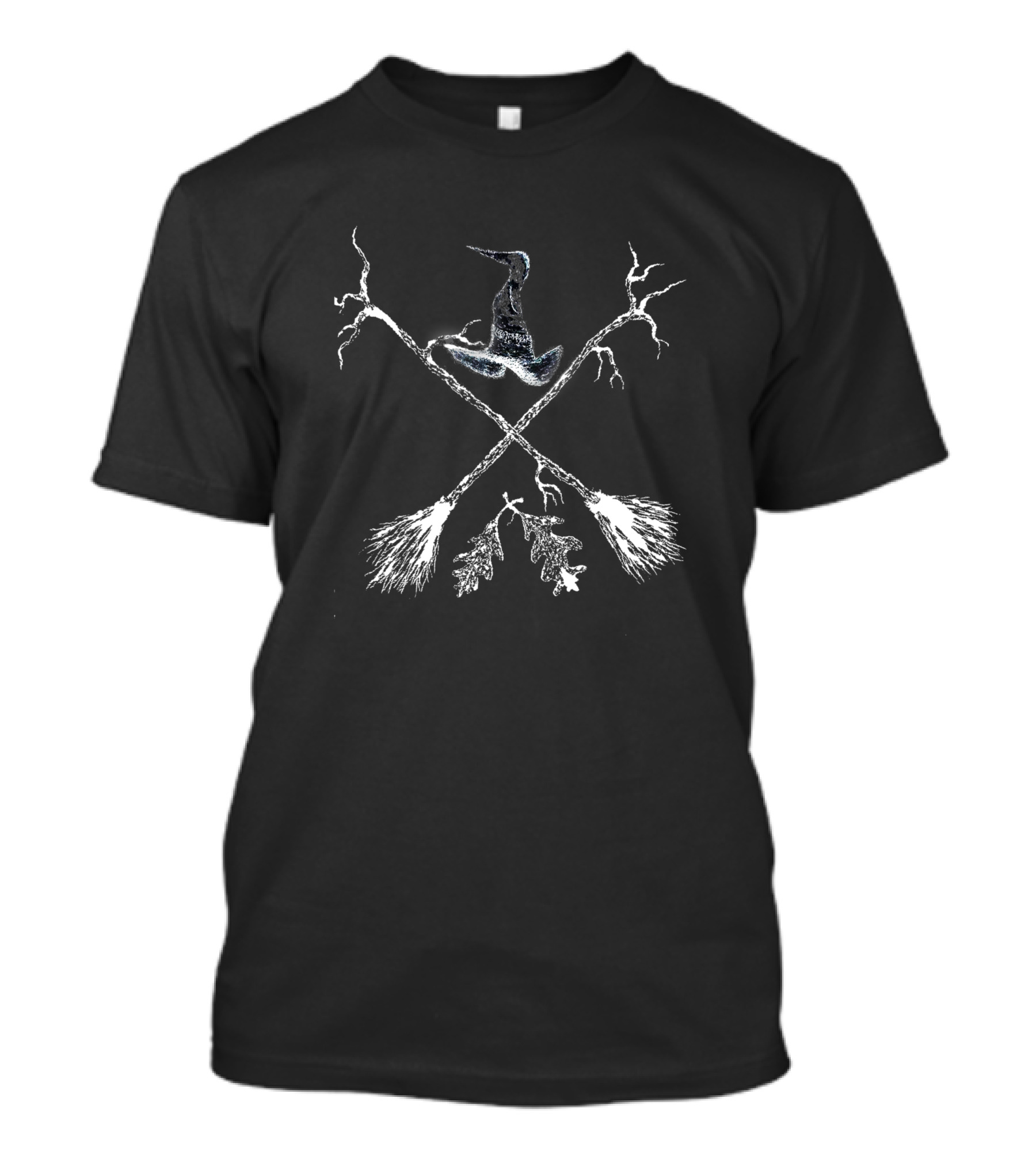 Autumnus Crest Edit 781019 Crossed Brooms And Witch Hat Oak Leaves Branches T-Shirt