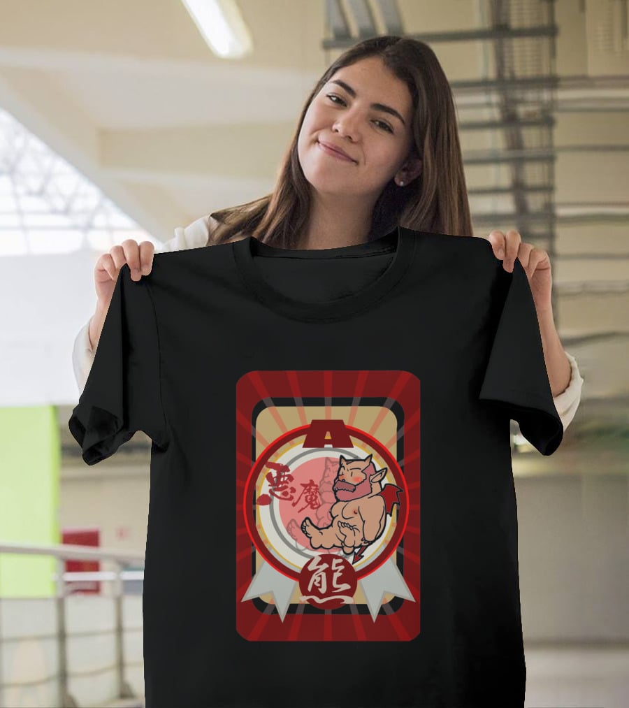Akuma Devil Bear 7911 With Red Demon Icon And Kanji Symbols T-Shirt