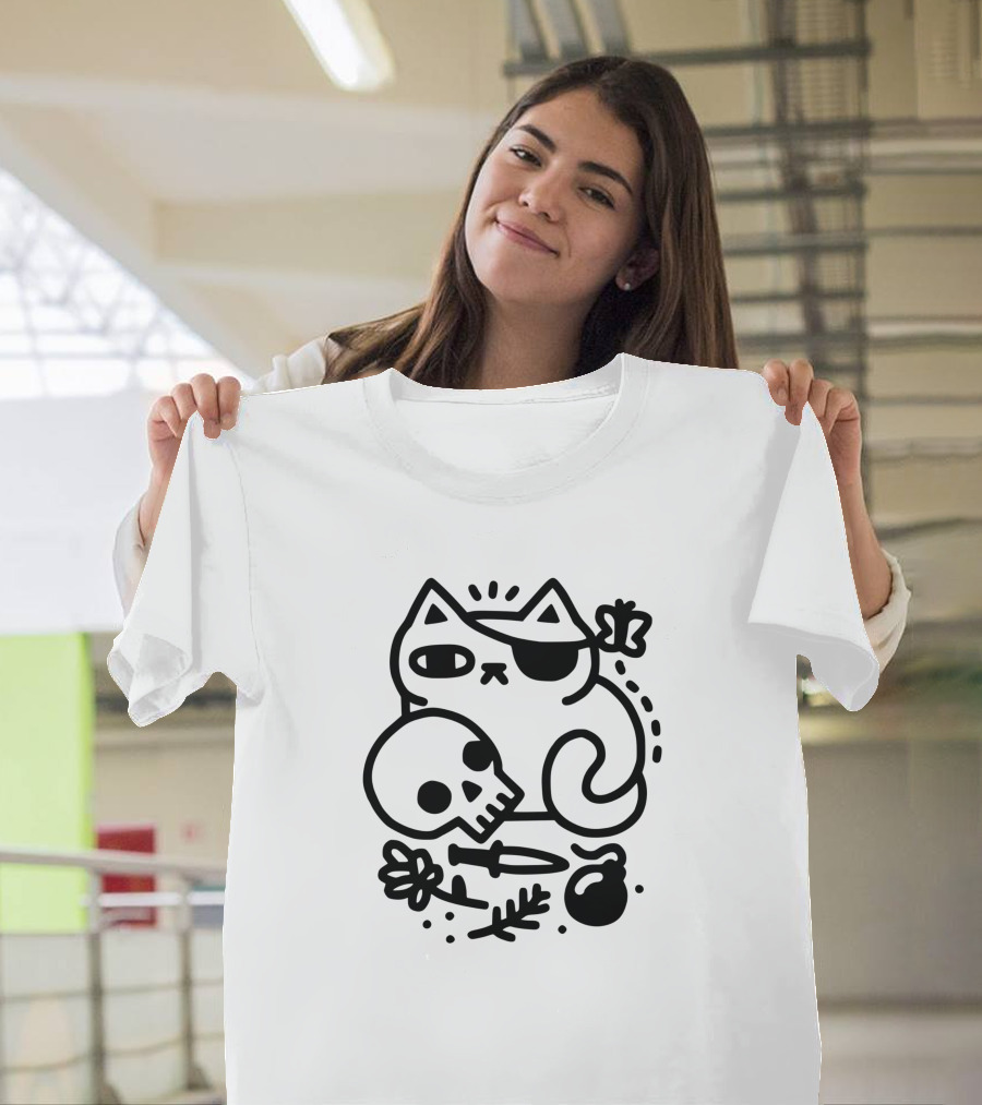 Badass Cat 1740238 Skull Knife Eyepatch Pirate Cat T-Shirt