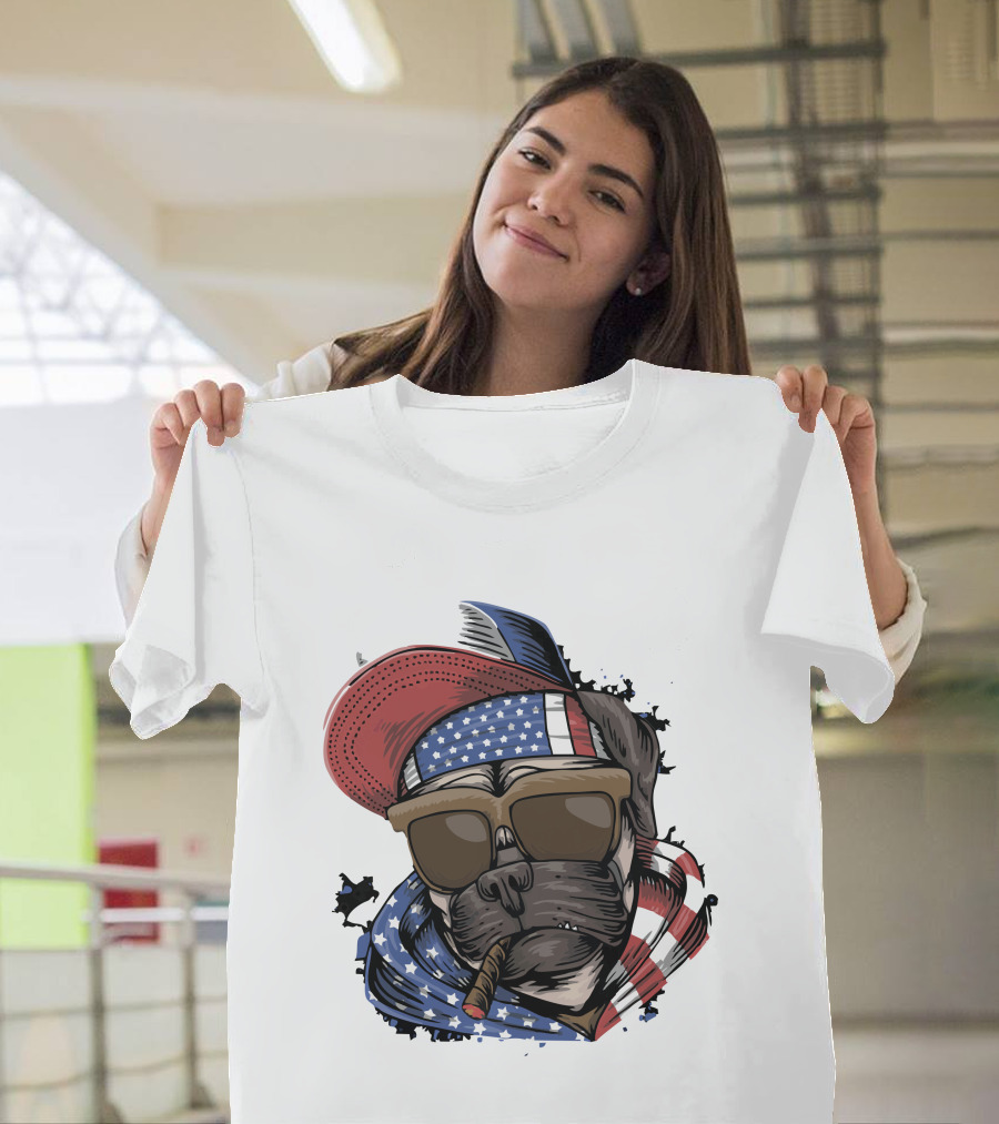 Pit Bull Boss American Flag Sunglasses Bandana Cigar Cool Dog T-Shirt