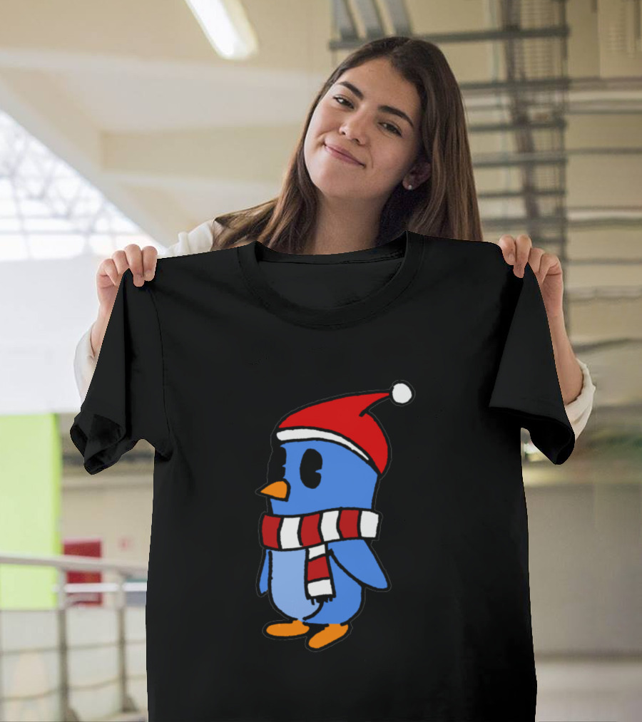 Crudely Handdrawn Pengu 763669 in Santa Hat with Red and White Scarf T-Shirt