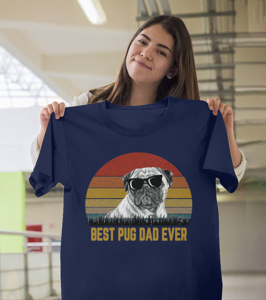 Best Pug Dad Ever Sunglasses Retro Sunset Background T-Shirt