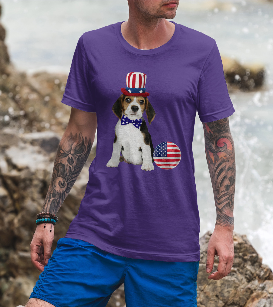 Patriotic Beagle With American Flag Hat And Bow Tie T-Shirt