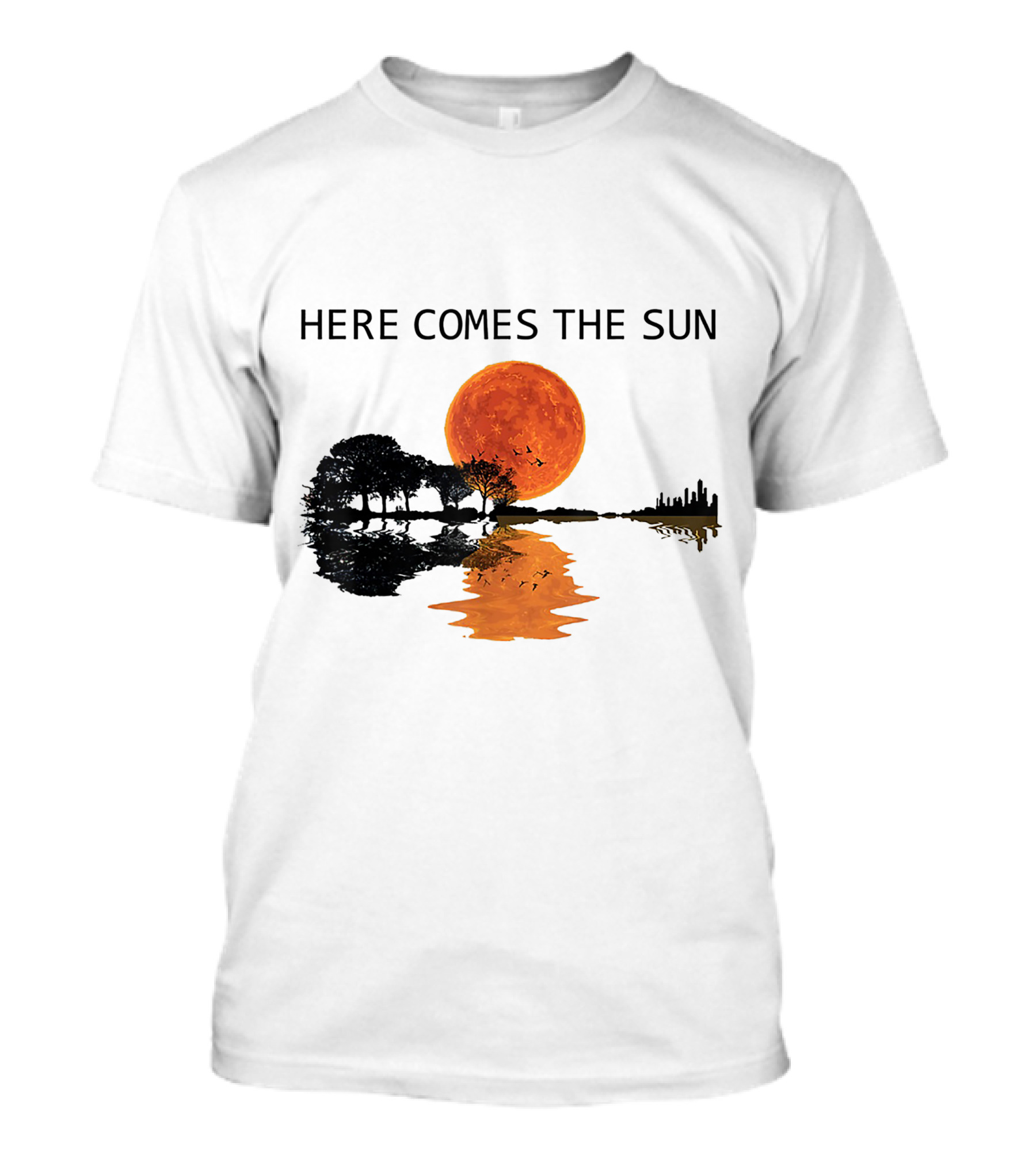 Here Comes The Sun Guitar Shadow Sunset Tree Reflection T-Shirt