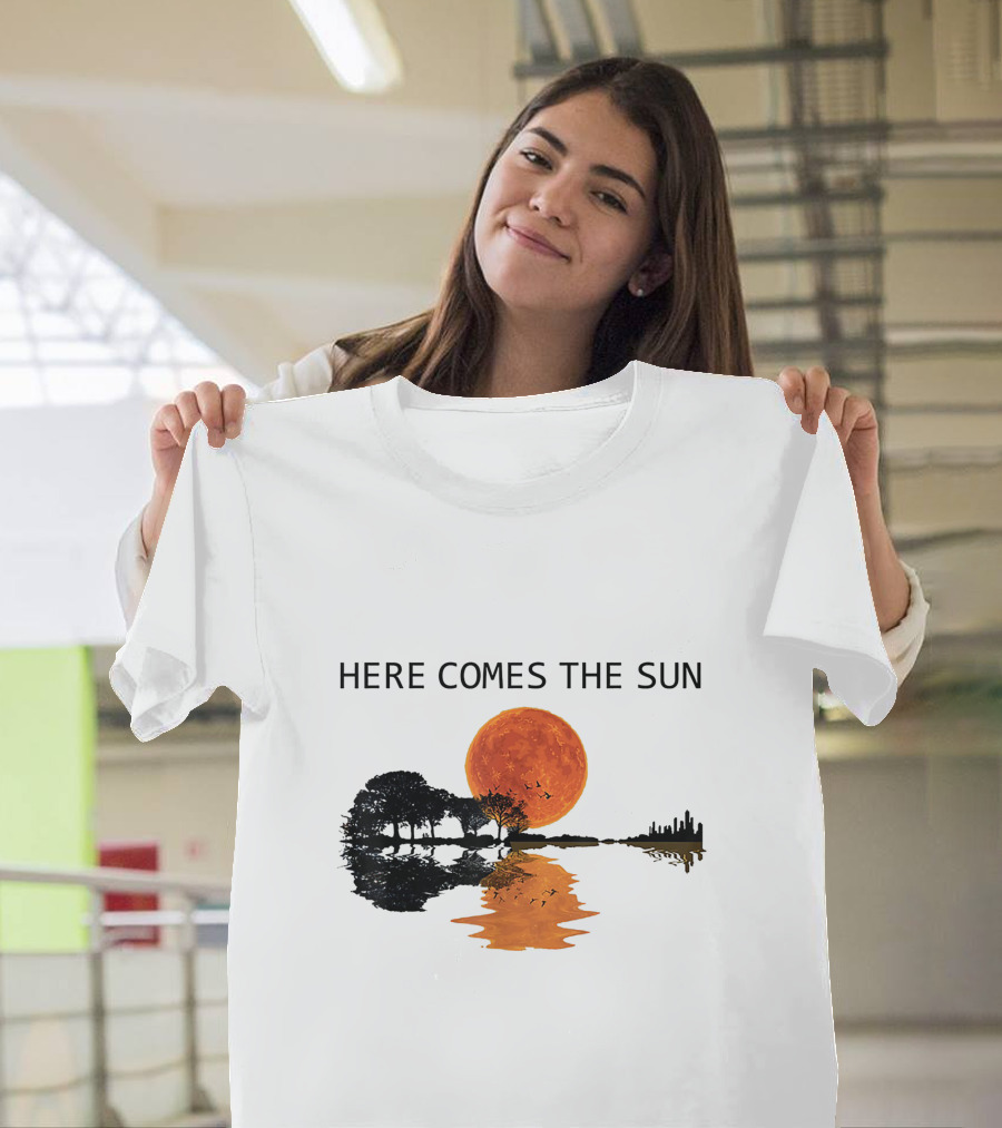 Here Comes The Sun Guitar Shadow Sunset Tree Reflection T-Shirt