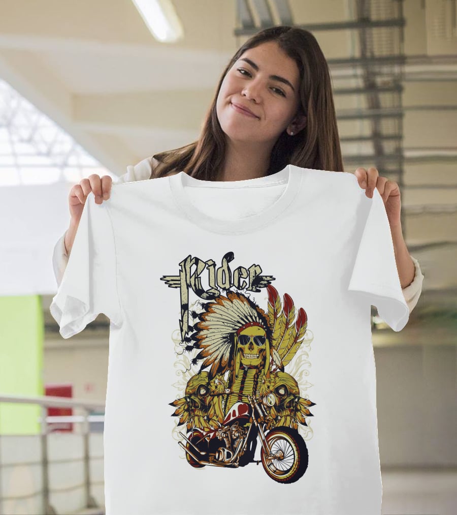 Rider Skull Motorcycle Eagle Feathers Tribal Helmet T-Shirt