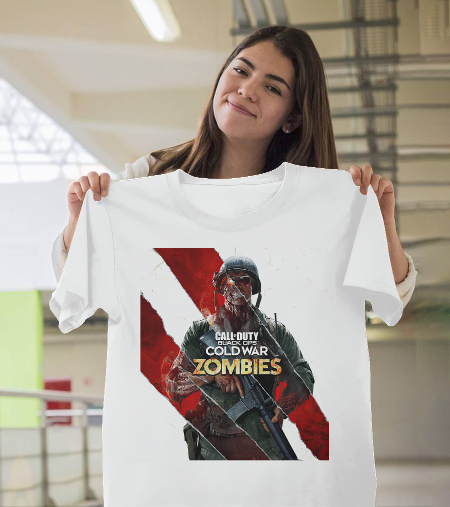 Call of Duty Black Ops Cold War Zombies Soldier with Gun and Red Torn Stripes T-Shirt