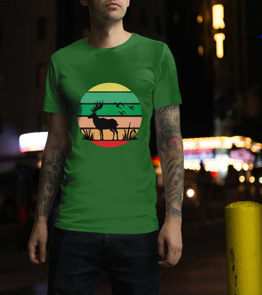 Lonely Reindeer Under The Sunset With Striped Background And Birds T-Shirt