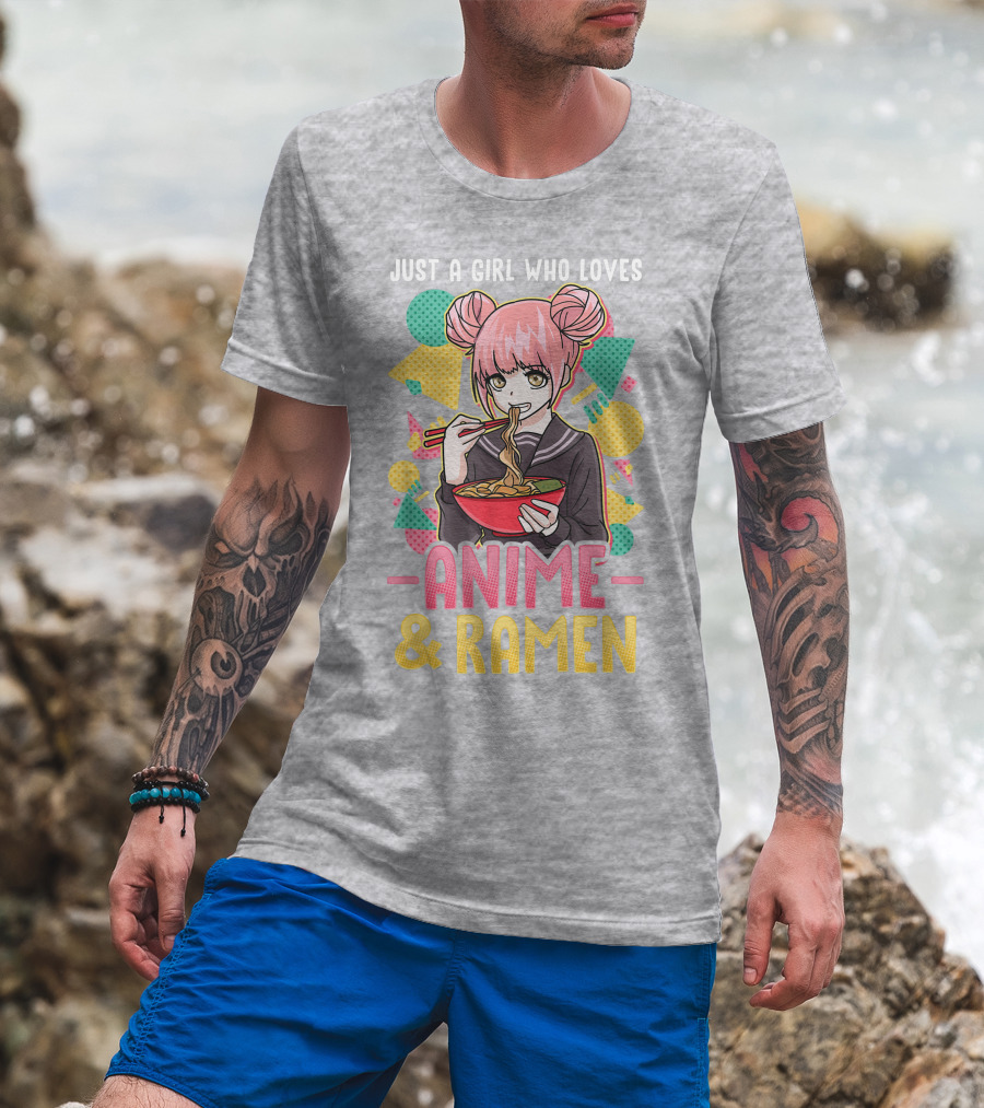 Just A Girl Who Loves Anime And Ramen With Pink-Haired Character Eating Noodles T-Shirt