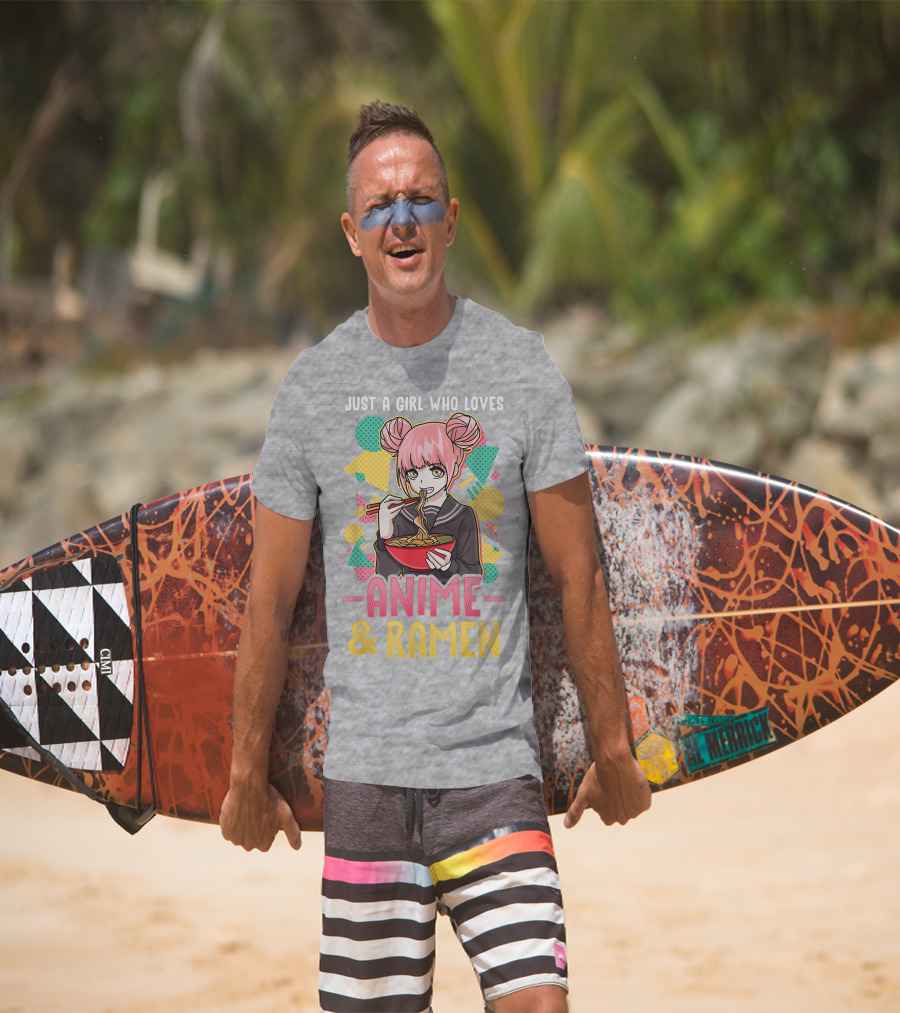 Just A Girl Who Loves Anime And Ramen With Pink-Haired Character Eating Noodles T-Shirt