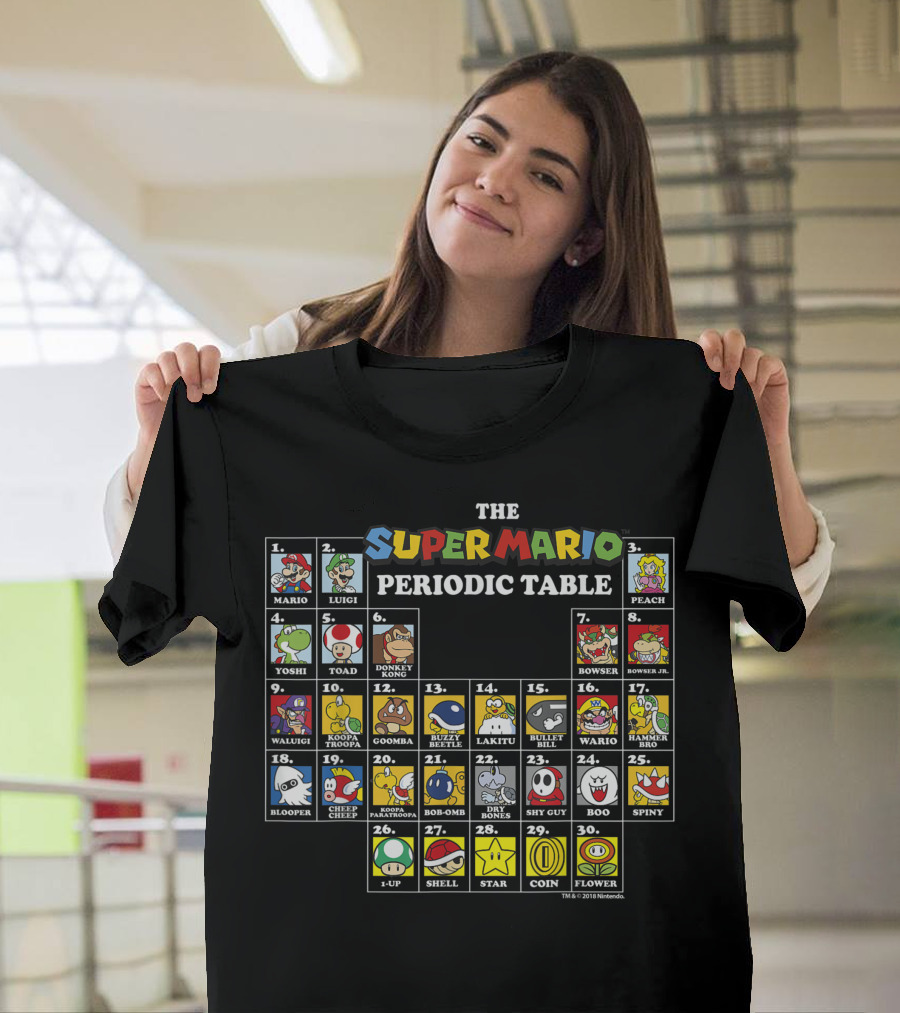 Super Mario Periodic Table Featuring Luigi Peach Yoshi Bowser Toad Donkey Kong and More Iconic Characters T-Shirt