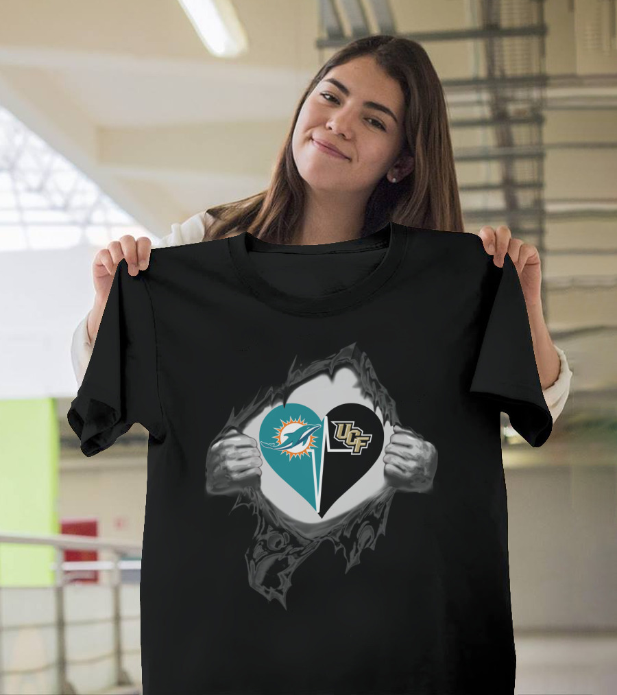 Dolphins And Ucf Knights Heart Logo With Ripped T-Shirt