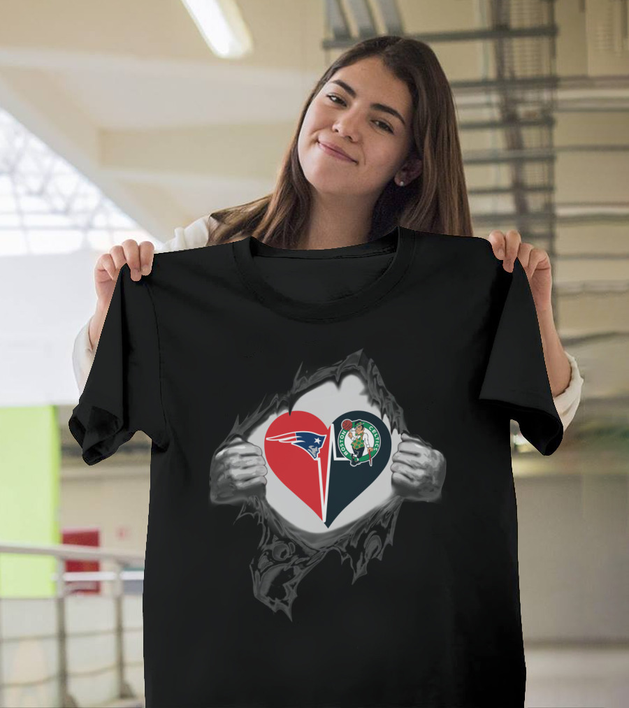 Patriots And Celtics Heart Design With Team Logos T-Shirt