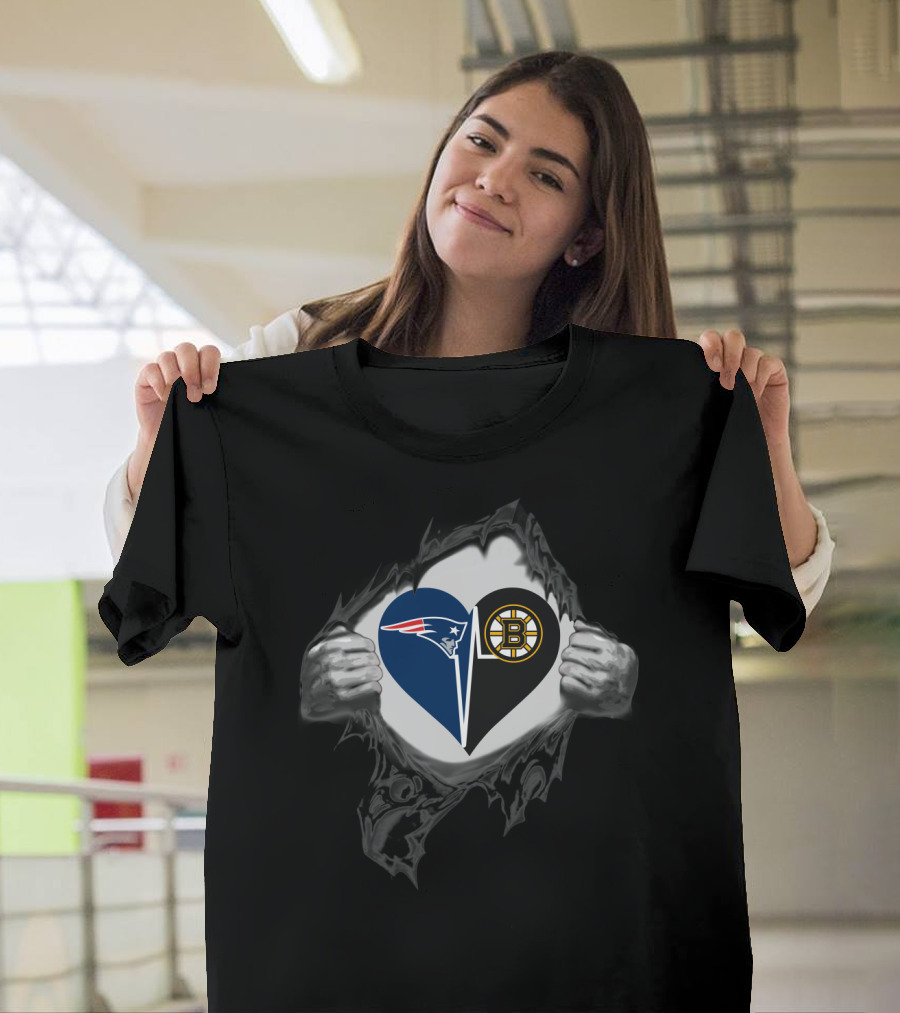 Patriots Bruins Heart Logos Hidden Under Tear T-Shirt