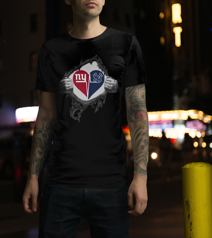 New York Giants And Yankees Heartbeat Fusion T-Shirt