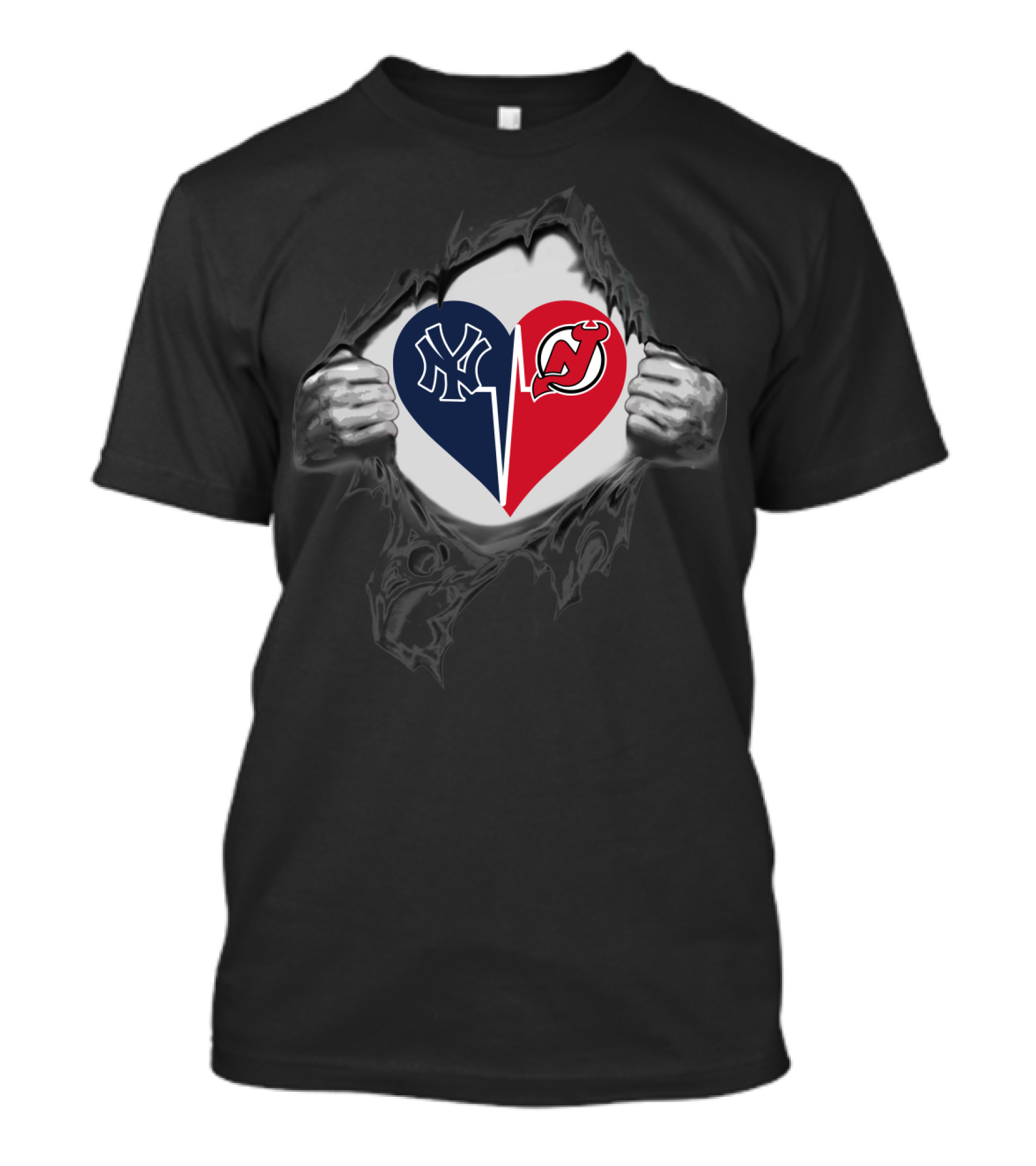 New York Yankees New Jersey Devils Heart Logos Split T-Shirt