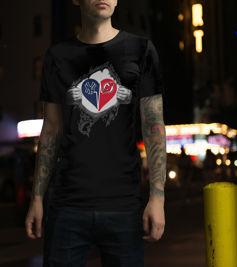 New York Yankees New Jersey Devils Heart Logos Split T-Shirt