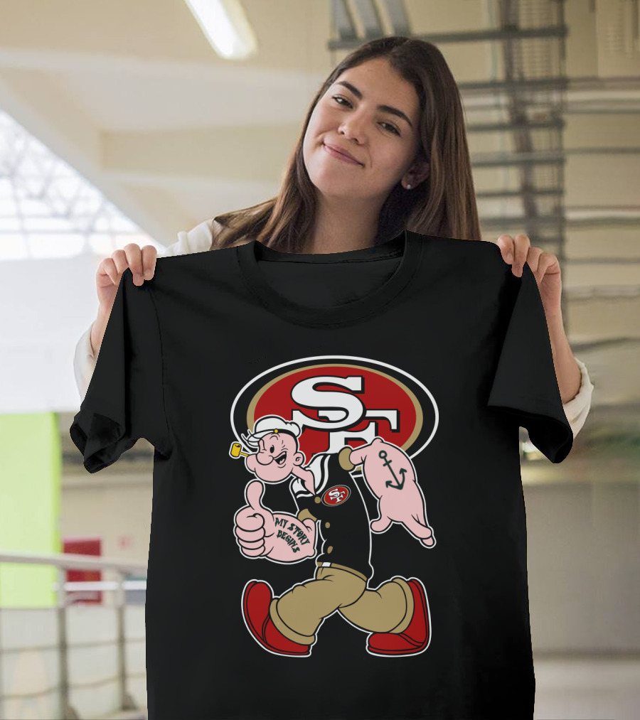 San Francisco 49ers Sf Logo With Walking Sailor Character And Anchor Tattoo T-Shirt