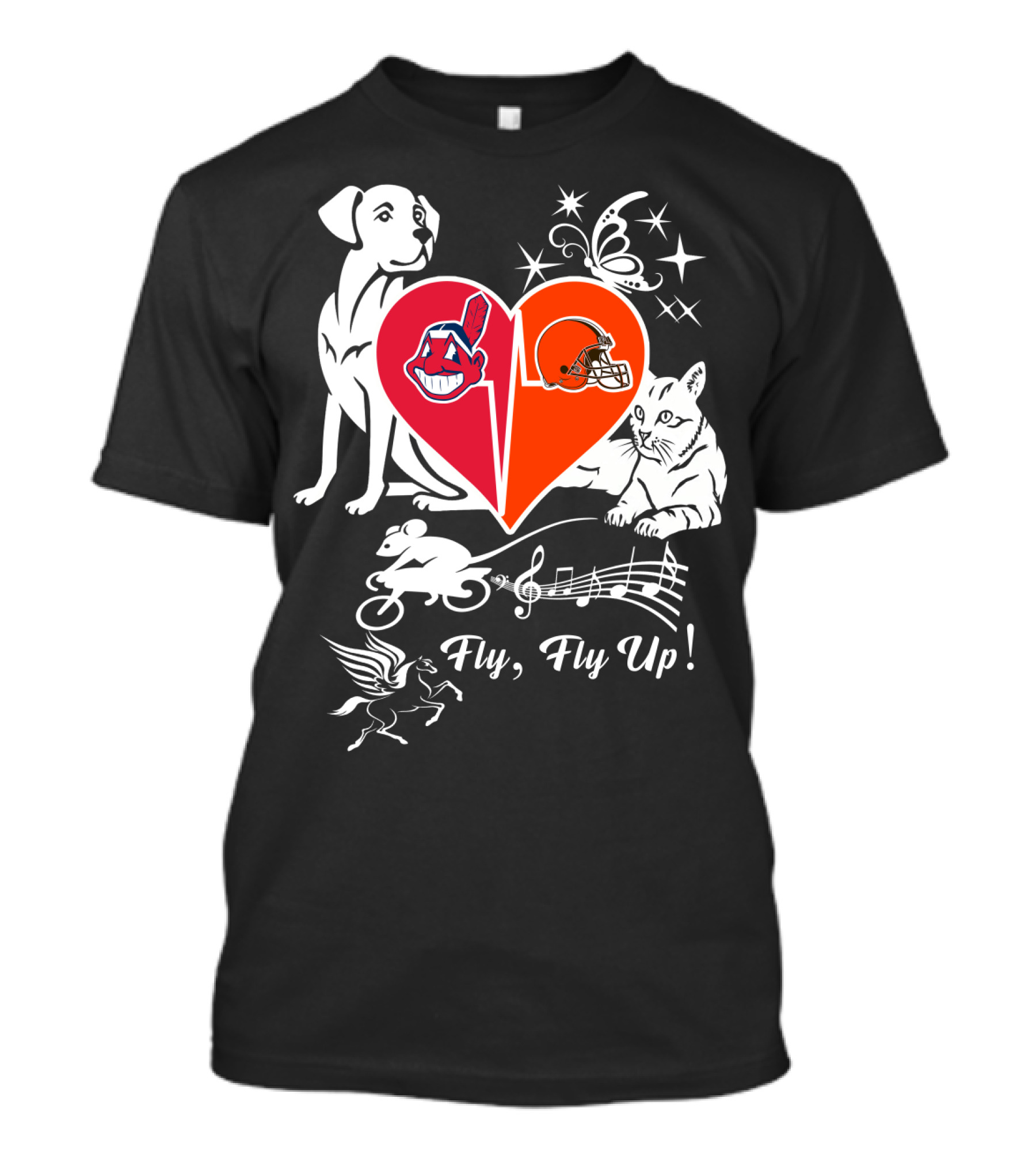 Fly Fly Up Browns Indians Dog Cat Heart Butterfly Music Notes T-Shirt