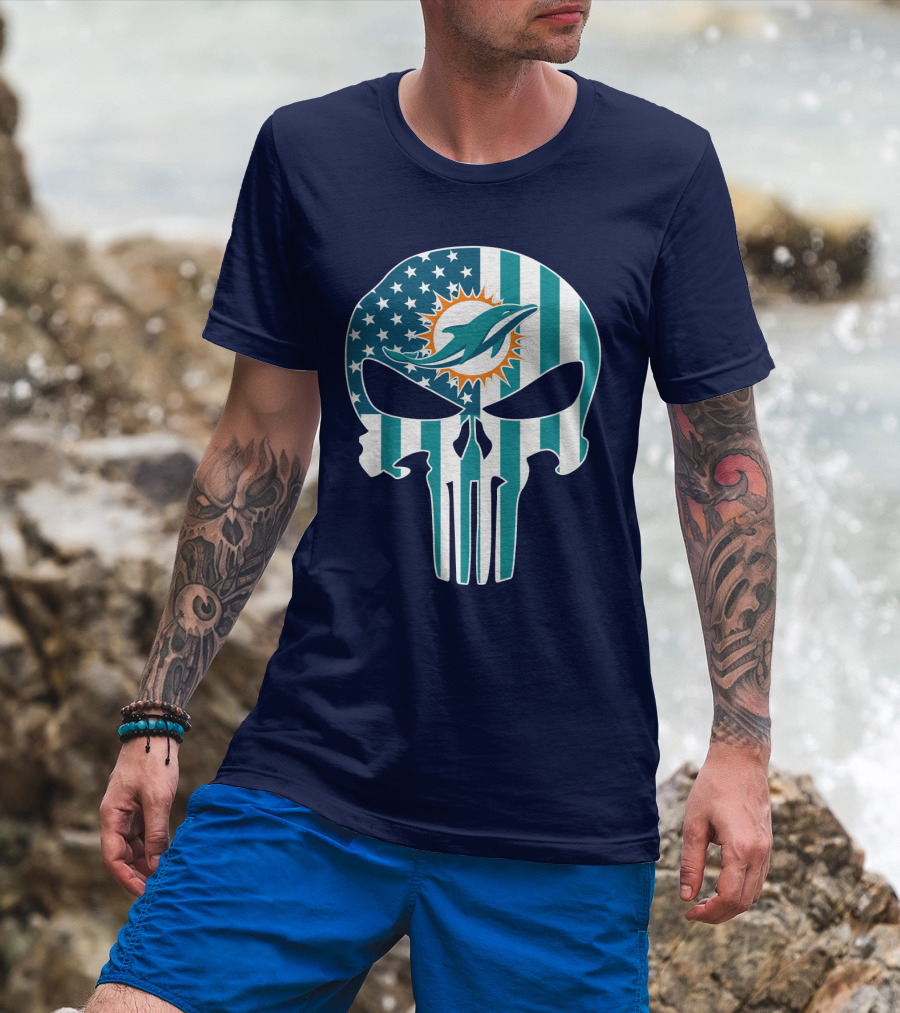 Miami Dolphins Punisher Skull American Flag T-Shirt