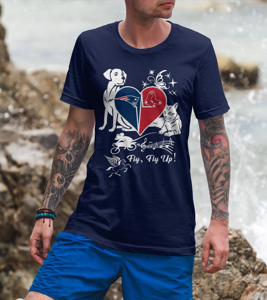 New England Patriots Red Sox Heart With Animals And Fly Fly Up T-Shirt