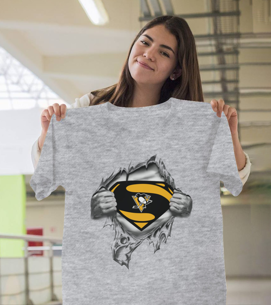 Superman Pittsburgh Penguins Logo Busting Through Silver T-Shirt