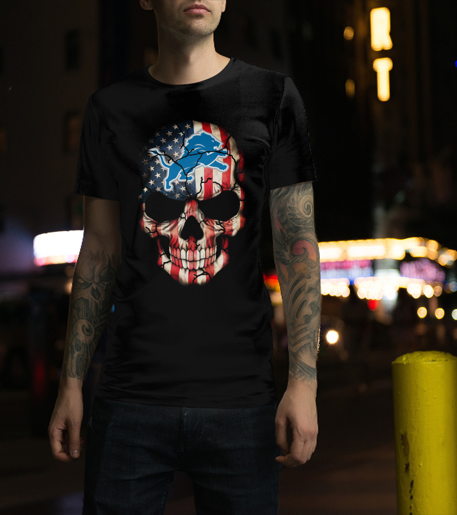 Detroit Lions American Flag Skull T-Shirt