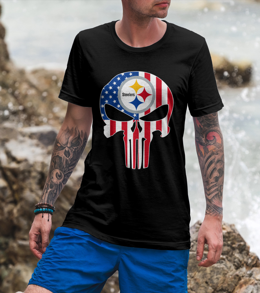 Steelers American Flag Skull T-Shirt