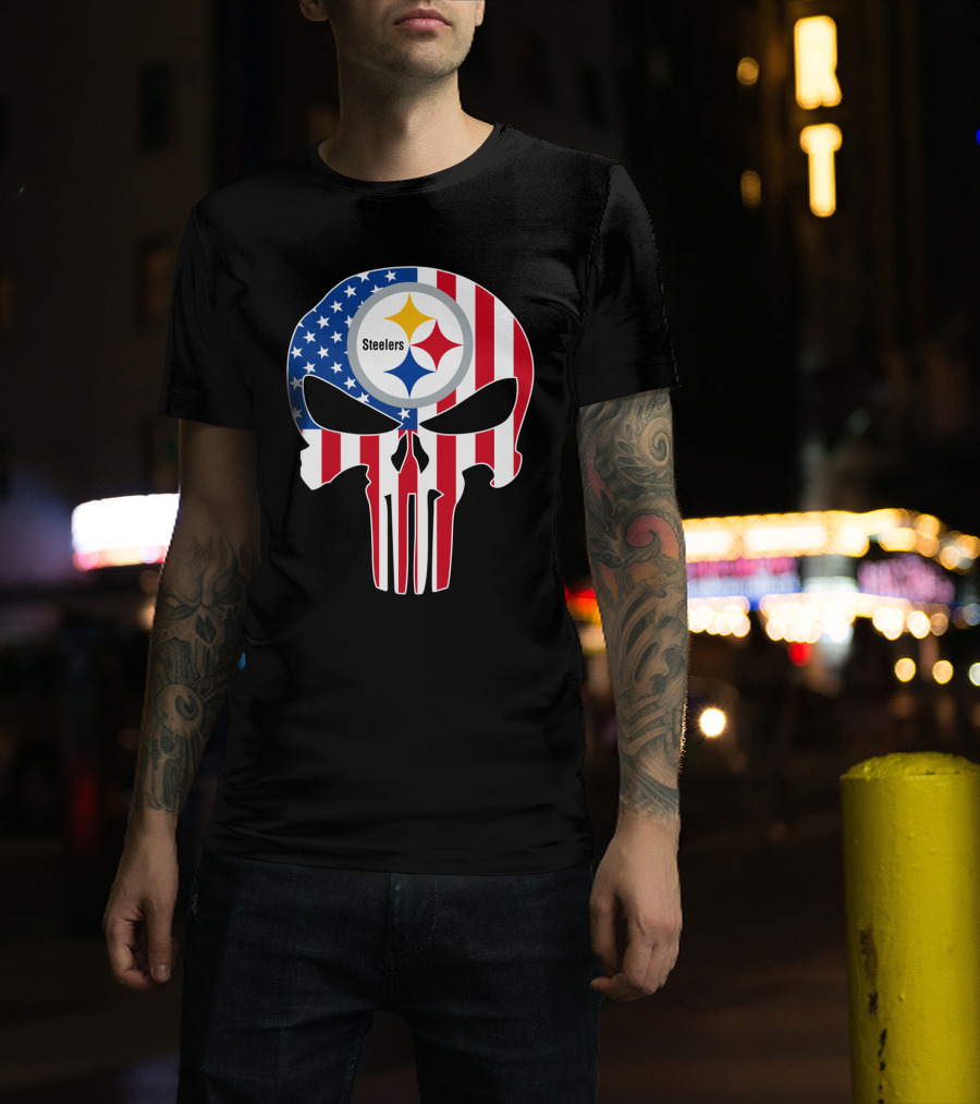 Steelers American Flag Skull T-Shirt