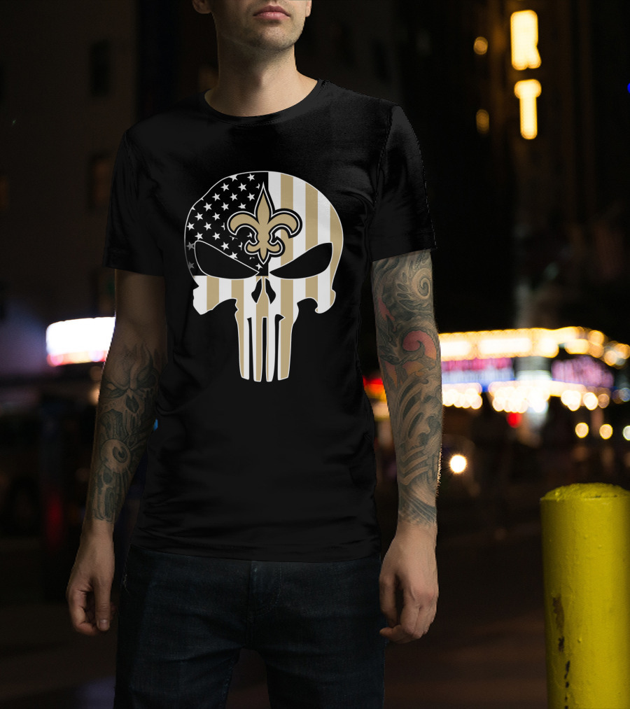 Saints Punisher Skull American Flag Fleur-De-Lis T-Shirt