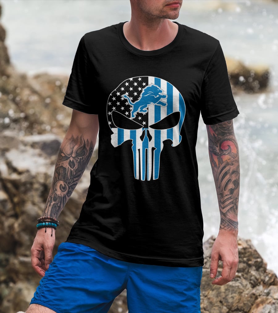 Detroit Lions Punisher Skull Logo American Flag T-Shirt