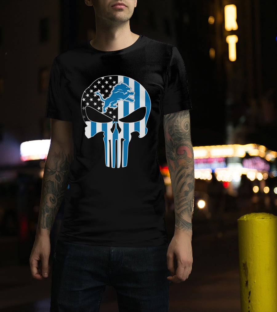 Detroit Lions Punisher Skull Logo American Flag T-Shirt