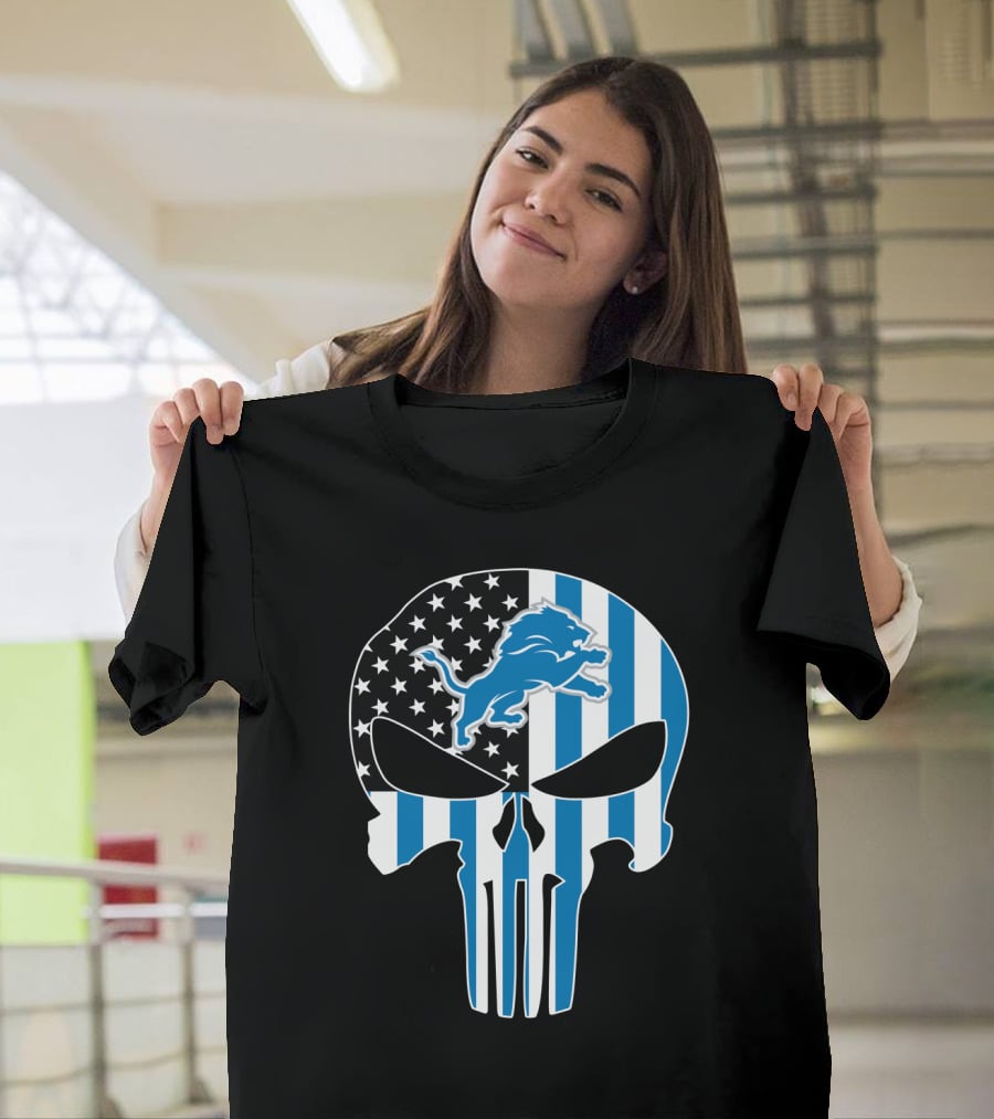 Detroit Lions Punisher Skull Logo American Flag T-Shirt