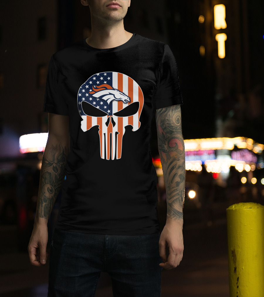 Broncos Punisher American Flag Skull T-Shirt
