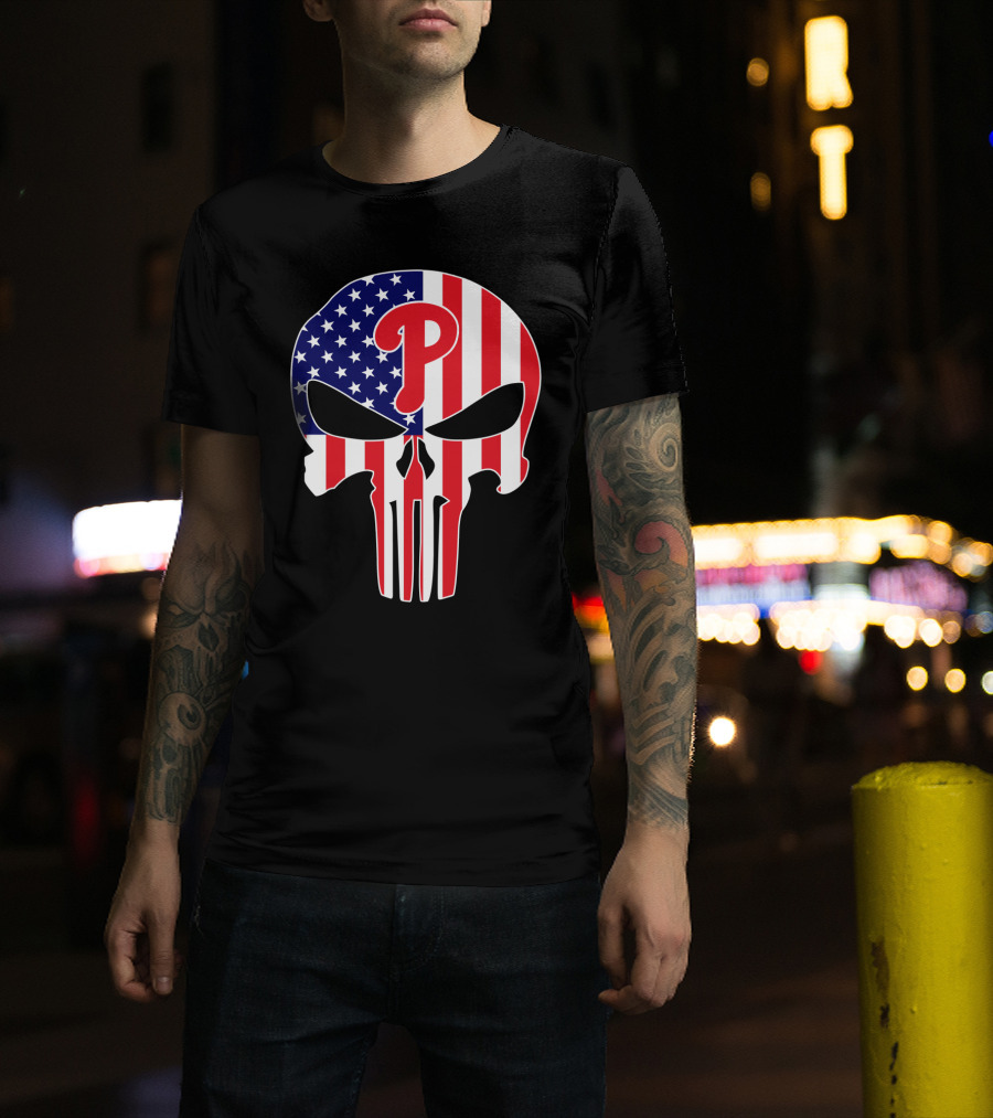 Phillies American Flag Punisher Style Skull T-Shirt