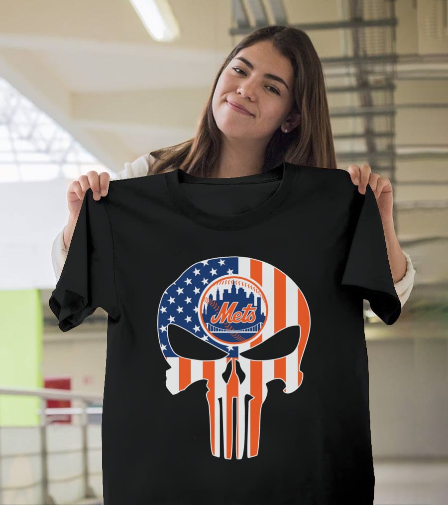 New York Mets American Flag Skull T-Shirt