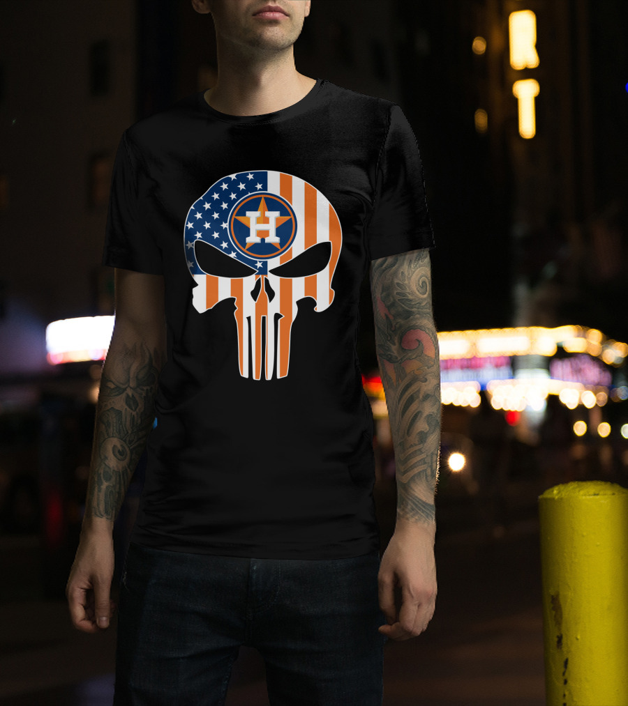 Houston Astros American Flag Skull Punisher Style T-Shirt