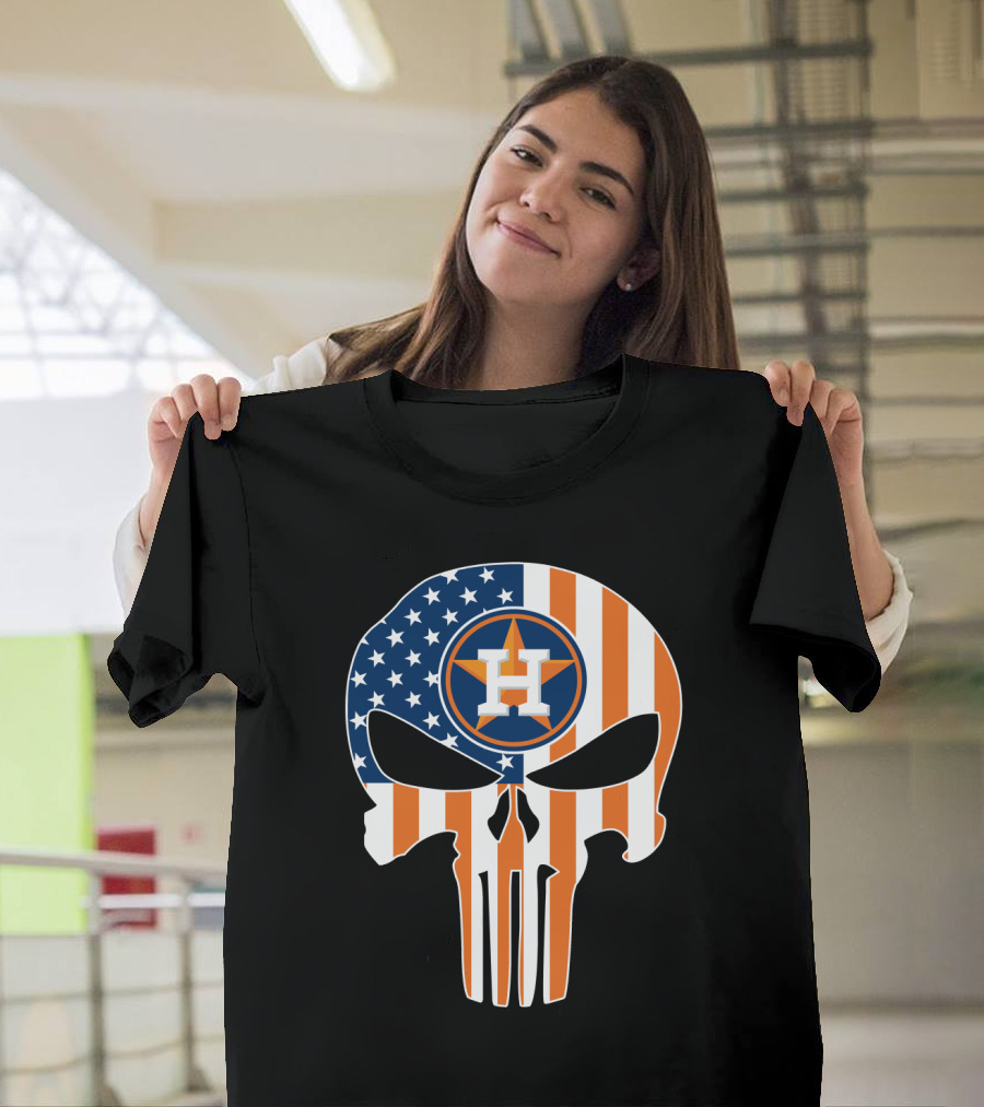 Houston Astros American Flag Skull Punisher Style T-Shirt