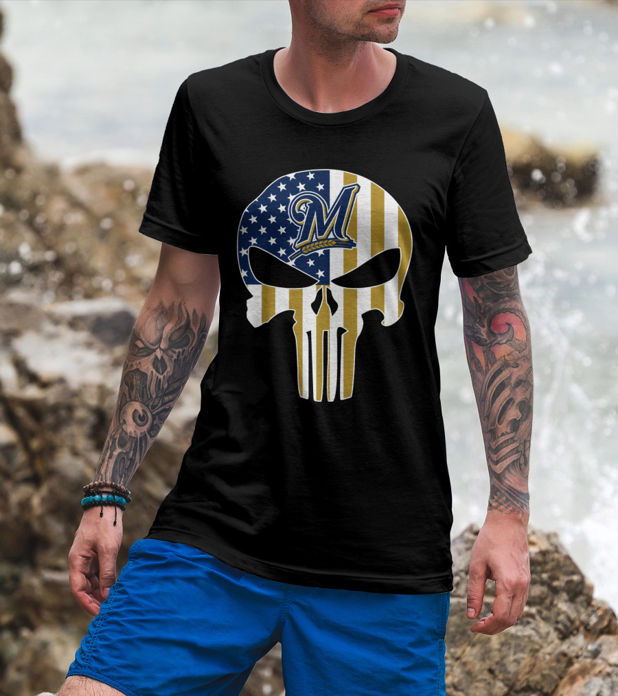 Milwaukee Brewers American Flag Skull T-Shirt