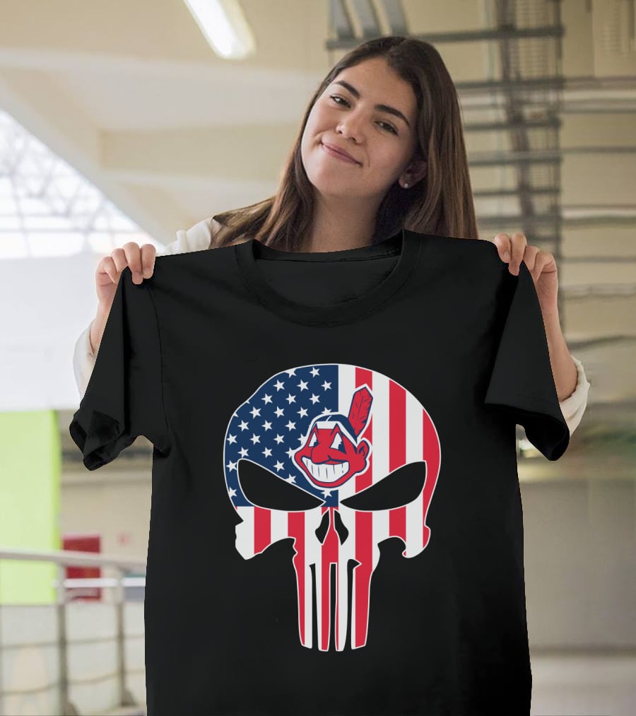 Cleveland Indians Punisher Skull American Flag T-Shirt