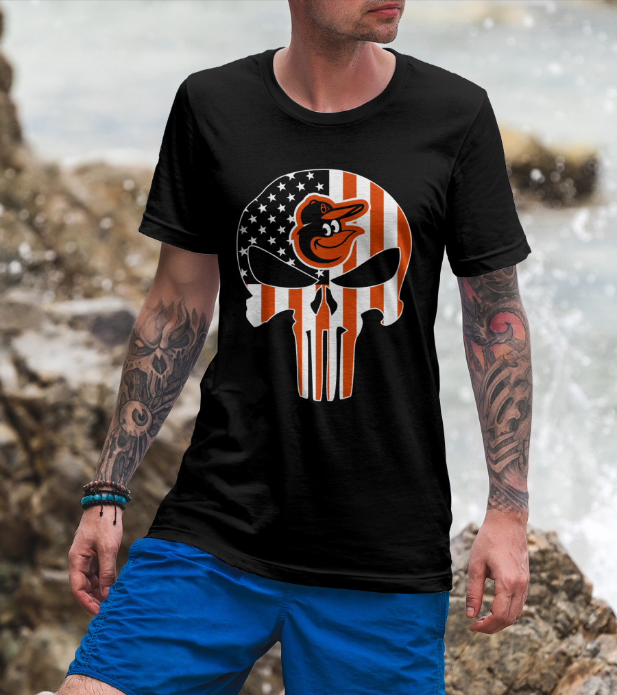 Baltimore Orioles Punisher Skull American Flag T-Shirt