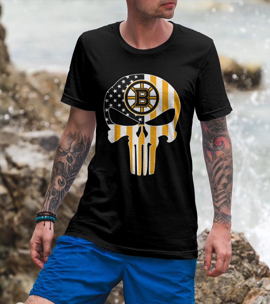 Boston Bruins Punisher Skull American Flag T-Shirt