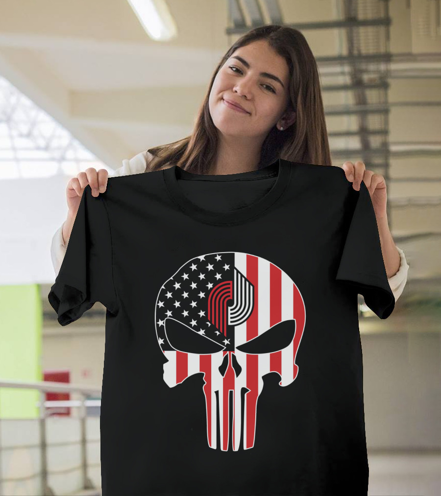 Portland Trail Blazers Punisher American Flag Skull T-Shirt