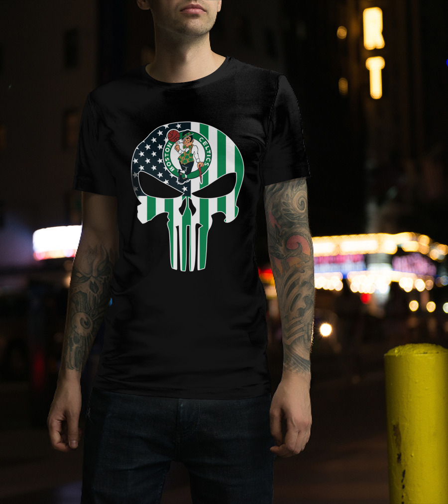 Boston Celtics American Flag Punisher Skull T-Shirt