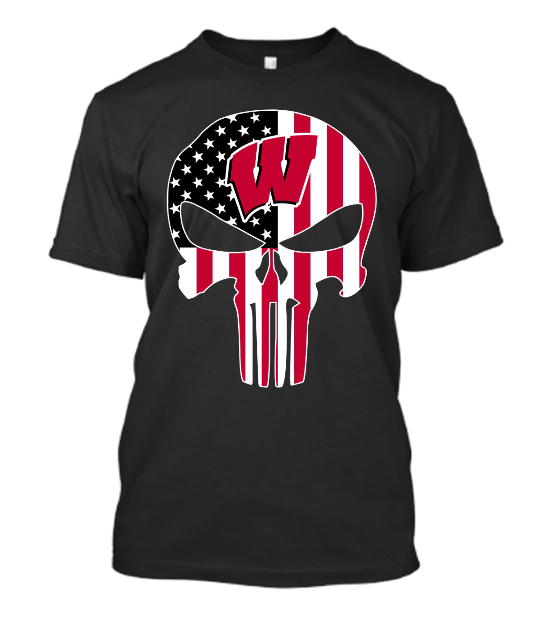 Wisconsin Badgers W Punisher Skull American Flag T-Shirt