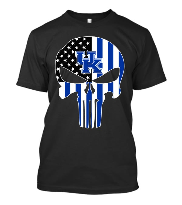 Uk Wildcats Punisher Skull American Flag Blue Stripes T-Shirt