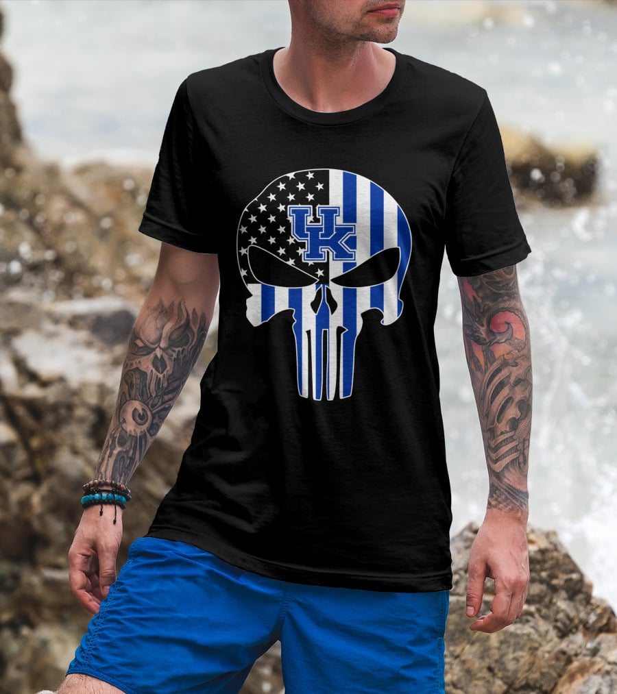 Uk Wildcats Punisher Skull American Flag Blue Stripes T-Shirt