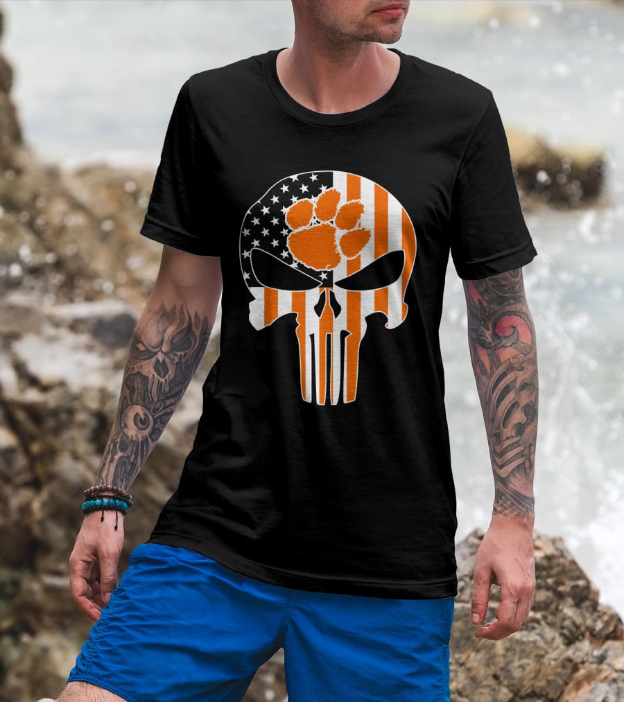 Clemson Tigers Paw Skull American Flag T-Shirt