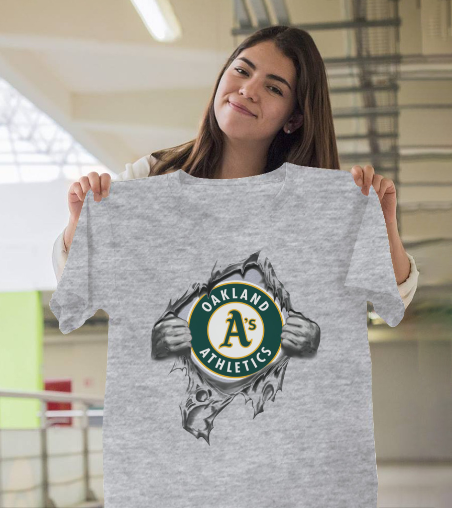 Oakland Athletics A's Emblem Revealed Through Torn Fabric T-Shirt